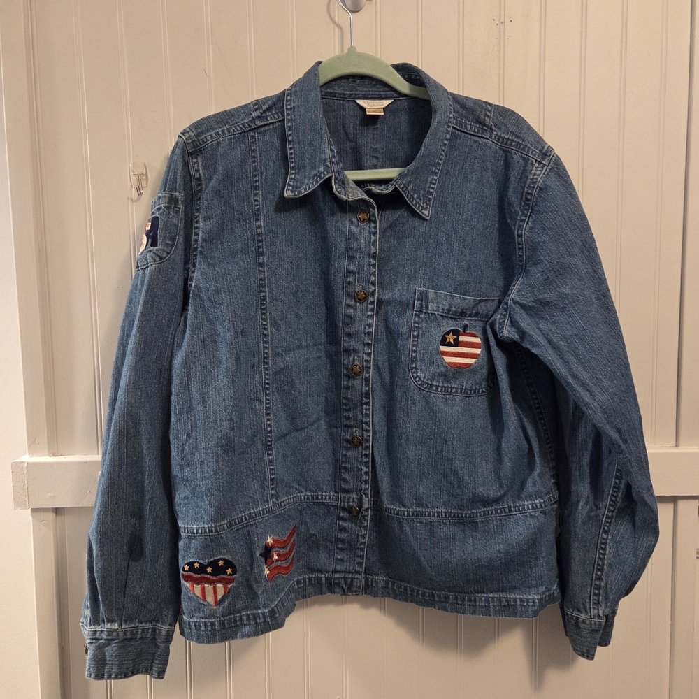Christopher & Banks Denim Jacket with Patriotic Patches Cottage Core Teacher CoR